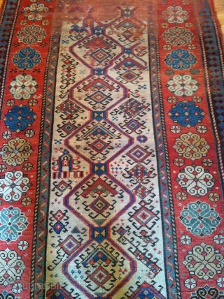 ELEGANT CAUCASIAN RUG
1880'S IF NOT EARLIER
AUBERGINE,GREEN,YELLOW AND ALL OTHER THE BEST COLORS
VERY NICE DESIGN
NEEDS SOME REPILING
ENDS AND SIDES ARE ALMOST PERFECT            