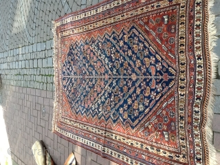 Persian Qusqaai rug
Size : 5 by 7'6
Ends and sides are original
Two little old repairs 
Magnificent colors as seen
1880's or earlier             