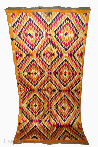 Phulkari From West(Pakistan)Punjab India Called As Panchrangi Bagh With Shisha Design Beautiful colour combination of Panchrangi Colours,C.1900. Very Rare kind of Phulkari. Floss Silk on Hand Spun Cotton khaddar Cloth.(DSC05840).   