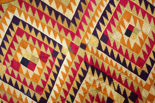 Phulkari From West(Pakistan)Punjab India Called As Panchrangi Bagh With Shisha Design Beautiful colour combination of Panchrangi Colours,C.1900. Very Rare kind of Phulkari. Floss Silk on Hand Spun Cotton khaddar Cloth.(DSC05840).   