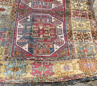 Late 19th century Yuruk rug, in need of restoration. Several areas of wear to the foundation, but good pile elsewhere and a gorgeous range of pastel colours
80in by 43in    