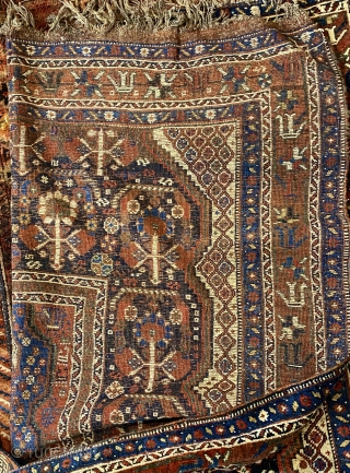 Qashqai rug, ca. 1880-1890, 6’4” x 5’4”/ 193 x 163 cm.

Very nice condition-see photos, flower-inhabited botehs on indigo field, with 
diagonal grid of diamond shaped flowers at spandrels and sides. A rectangular  ...