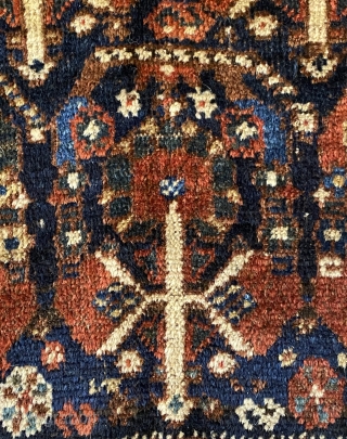 Qashqai rug, ca. 1880-1890, 6’4” x 5’4”/ 193 x 163 cm.

Very nice condition-see photos, flower-inhabited botehs on indigo field, with 
diagonal grid of diamond shaped flowers at spandrels and sides. A rectangular  ...