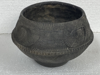 Bang Chaing Vessel / Bowl, black, Bronze Age, ca. 1st - 2nd Millenium BCE; 5”/ 12.7 cm height; 

Purchased from a Legitimate Educational Institution Auction sale

Upper hemisphere decorated with large curls containing  ...