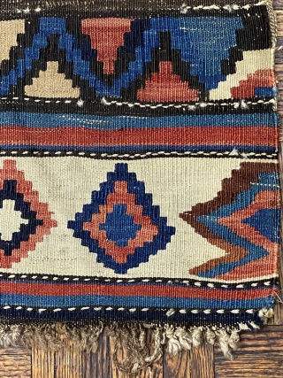 Exceptional Mid 19th C. Shir-van Kilim, ca. 1860; 5’1” x 11’11” / 155 x 363 cm.

Saturated natural colors, and fluid drawing.  Archaic features: extra band width at the ends,

and rainbow inclusions  ...