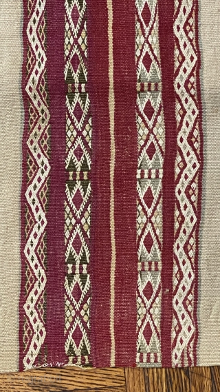 Moroccan Kilim Rug, 19th C; 4’9” x 8’7” / 145 x 262 cm

Wine-red and pale ivory stripes with totemic designs,

a few of them in steel blue. Rhythmically dynamic.


Light wear, soft stains, a  ...