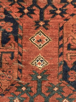 Antique Ersari Carpet, ca. 1870; 6’10 x 8’10” / 178 x 269 cm

Beautiful 19th Century example with strong madder reds and different

shades of teal, green, and mint. 18 quartered guls with clubs,  ...