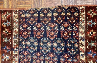 Antique Kurdish Runner Fragment, ca 1850; 3’5” x 9’5” / 104 x 287 cm

113-inch long fragment of an indigo ground Kurdish runner with a beautifully drawn rendering of

oft seen floral ovoid with  ...