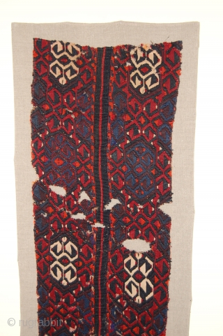 Turkish Malatya Kilim (Chuval) Fragment. 
Technique: weft-less soumak technique, a rarer type of soumak weave in which ’instead of weaving the design wefts in both directions, the weaver carries them straight back  ...