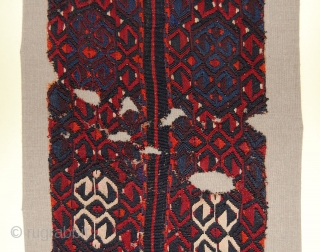 Turkish Malatya Kilim (Chuval) Fragment. 
Technique: weft-less soumak technique, a rarer type of soumak weave in which ’instead of weaving the design wefts in both directions, the weaver carries them straight back  ...