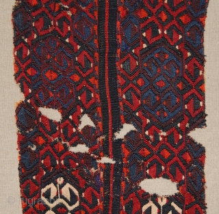 Turkish Malatya Kilim (Chuval) Fragment. 
Technique: weft-less soumak technique, a rarer type of soumak weave in which ’instead of weaving the design wefts in both directions, the weaver carries them straight back  ...