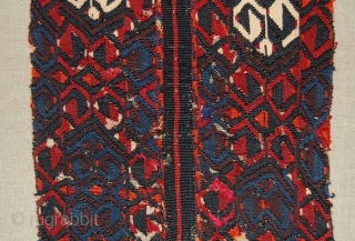 Turkish Malatya Kilim (Chuval) Fragment. 
Technique: weft-less soumak technique, a rarer type of soumak weave in which ’instead of weaving the design wefts in both directions, the weaver carries them straight back  ...