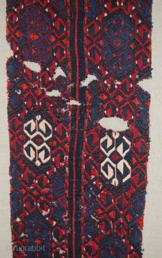 Turkish Malatya Kilim (Chuval) Fragment. 
Technique: weft-less soumak technique, a rarer type of soumak weave in which ’instead of weaving the design wefts in both directions, the weaver carries them straight back  ...