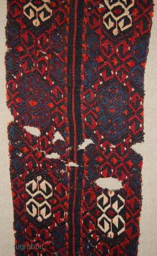 Turkish Malatya Kilim (Chuval) Fragment. 
Technique: weft-less soumak technique, a rarer type of soumak weave in which ’instead of weaving the design wefts in both directions, the weaver carries them straight back  ...