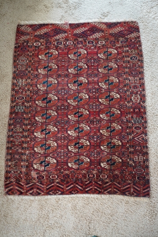 Antique Tekke Turkmen Wedding rug. 19th century. Wonderful plum red and interesting main border intermediary designs. Has three small patches and needs new selvedge. Good medium pile, to low in a couple  ...