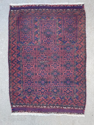  Antique Baluch prayer rug with great color and alternating color selvedges. Wonderful kilim ends intact. Stable, natural dyes. No holes. 2'8" x 4'3"         