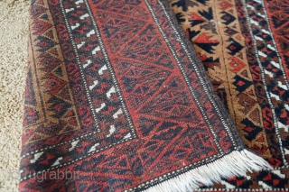 Antique Kawdani Baluch Camel wool prayer rug. Original sides and full pile except corroded dark brown/black which is typical for these. Very soft wool and amazing colors, look at that madder red!  ...