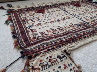 Early 1900s. Qashqai horse blanket or cover. 4ft7in x 5ft. Wonderful repeating animal figures with a few silk braids woven in here and there. A few scattered small holes but overall great  ...