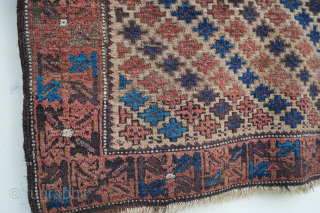 Antique symmetrically knotted Baluch rug with camel hair field. Great pile condition. Please contact me at Steven.malloch@gmail.com or gerrerugs@gmail.com for purchase or questions.          