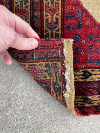 19th century Turkmen Bokche. Animals in the quarter panels, what appears to be camel hair wefts and pile, silk highlights, and beautiful piled designs in a 3d effect onto the kilim. This  ...