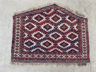 19th century Yomud Asmalyk, possibly mid - 3rd quarter 19th. Good drawing, beautiful saturated, natural dyes. 1'9" x 3'1". Some scattered repairs.           