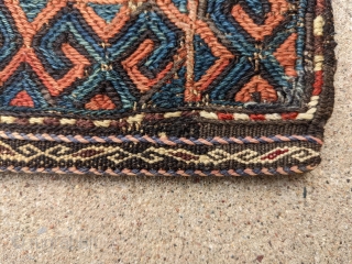 Gorgeous sumak Antique Baluch bag/ chanteh. 11" x 11.5" or 28 x 29cm. This is one of more attractive pieces I've owned. I've also heard similar pieces labeled as Chahar Aimaq.

Cheers.  