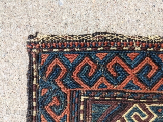 Gorgeous sumak Antique Baluch bag/ chanteh. 11" x 11.5" or 28 x 29cm. This is one of more attractive pieces I've owned. I've also heard similar pieces labeled as Chahar Aimaq.

Cheers.  