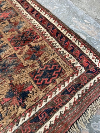 Antique, camel hair box design Baluch. Complete piece, ends secured no holes. 2'8" x 5'2" or 80 x 155cm.              
