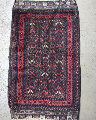 Antique Baluch balisht with rare camel caravan kilim ends. 1'7" x 2'6". No holes, ends secured. Silk highlights.               