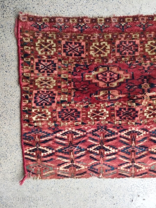 Mid 19th century or earlier Tekke chuval with beautiful colors. It was cut and shut horizontally across the middle. 1'7" x 3'11" or 118x47cm         