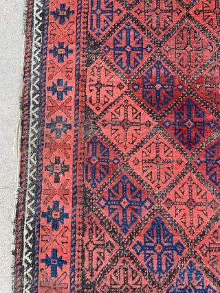 19th century Baluch rug. Original ends and sides. Field is in good condition with oxidation. 2'10" x 5'1" or 155 x 87cm.           