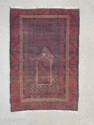 Antique Baluch prayer rug. Natural colors. Nice simple borders and unique lower portion of the field. 3'1" x 4'7"              