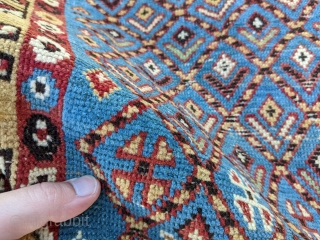 19th century Shirvan prayer rug, former Jim Dixon collection. Sky blue field and nice minty green in a few places. Original selvedge, two small holes, no repairs. 3'4" x 4'2" or 102  ...