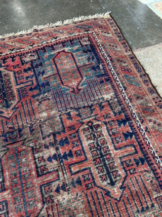 Antique Baluch rug. The more you look at the field the more you see, beautiful unique tribal weaving. No holes. 3'8" x 5'0" or 110x150cm.        