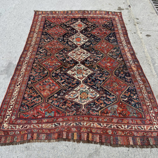 Antique Khamseh rug, 19th century. 250 x 175cm or 8'3" x 5'9". It has a beautiful, more freeform drawing than many of its type. Unusual elems. Please contact me at steven.malloch@gmail.com or  ...