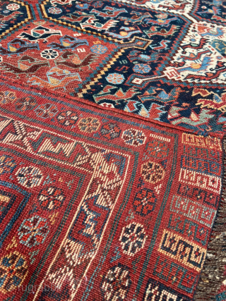 Antique Khamseh rug, 19th century. 250 x 175cm or 8'3" x 5'9". It has a beautiful, more freeform drawing than many of its type. Unusual elems. Please contact me at steven.malloch@gmail.com or  ...