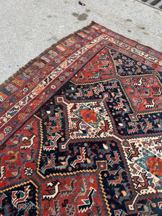 Antique Khamseh rug, 19th century. 250 x 175cm or 8'3" x 5'9". It has a beautiful, more freeform drawing than many of its type. Unusual elems. Please contact me at steven.malloch@gmail.com or  ...