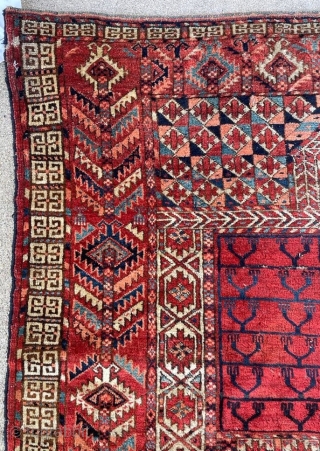 19th century Tekke ensi with many great features. 2 holes but overall good condition and pile. 3'10" x 5'2"              