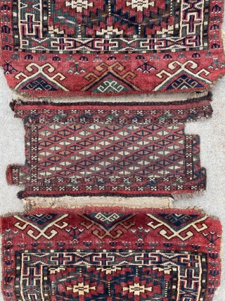 19th century complete Yomut kap bag. Wonderful colors and original kilim backs. Rare to have the complete piece. 1'6" x 5'10" with both sides unfolded.        