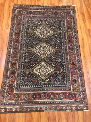 Beautiful antique Khamseh bird rug... so many birds! Great colors and very tight weave. Please, let me know if you need more information or photos. Included photos both of indoor and outdoor  ...