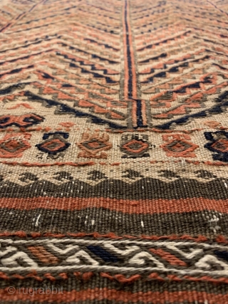 Antique Baluch sofreh. 75 x 130cm or 2'6" x 4'4". Rare type and good condition, no holes. Camel hair field.             