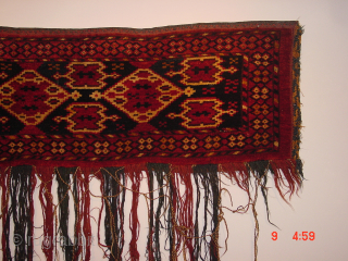 Gorgeous antique 1880 Turkoman torba
150x32cm
5x1.1ft withoutthe fringes,
 great ikat drawing, great all natural colors, great pile, no repairs, wonderful flexuble structure, silky feeling wool, one less than fingertip very faint stain on  ...