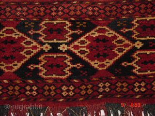 Gorgeous antique 1880 Turkoman torba
150x32cm
5x1.1ft withoutthe fringes,
 great ikat drawing, great all natural colors, great pile, no repairs, wonderful flexuble structure, silky feeling wool, one less than fingertip very faint stain on  ...