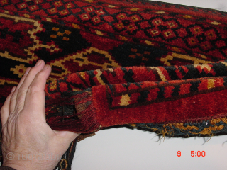 Gorgeous antique 1880 Turkoman torba
150x32cm
5x1.1ft withoutthe fringes,
 great ikat drawing, great all natural colors, great pile, no repairs, wonderful flexuble structure, silky feeling wool, one less than fingertip very faint stain on  ...