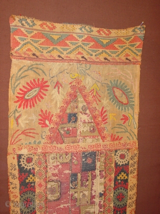 wonderful 1850 antque small prayer cloth uzbekistan, with great kelim detail and embroided parts. all natural colors
36x80cm
1.2x2.7ft

                