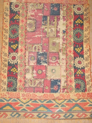 wonderful 1850 antque small prayer cloth uzbekistan, with great kelim detail and embroided parts. all natural colors
36x80cm
1.2x2.7ft

                