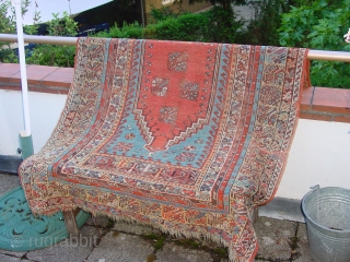 Wonderful pre 1900 mudjur, it has some small repair and some wear as is clear in the photos, its colors are fabulous!, with this heavenly blue and aubergine, etc

115x140cm
3.8x4.7ft    