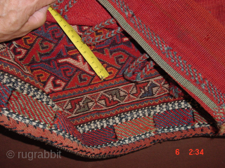 wonderful antique very topquality fine bag, afshari? supereiour quality, in great condition, original kelimback, one small right lower corner repair, very silky wool, red weft,
extreme beautiful color palet
62x66cm
2.1x2.2ft     