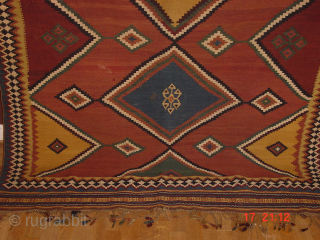 wonderful fine antique kaskay flatweave kelim, all great natural colors, no fading, great complete headends and selvedges, three minuscule, far less than fingertip holes, some small  removeable faint staining, no repairs,  ...