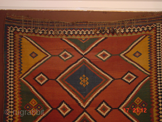 wonderful fine antique kaskay flatweave kelim, all great natural colors, no fading, great complete headends and selvedges, three minuscule, far less than fingertip holes, some small  removeable faint staining, no repairs,  ...